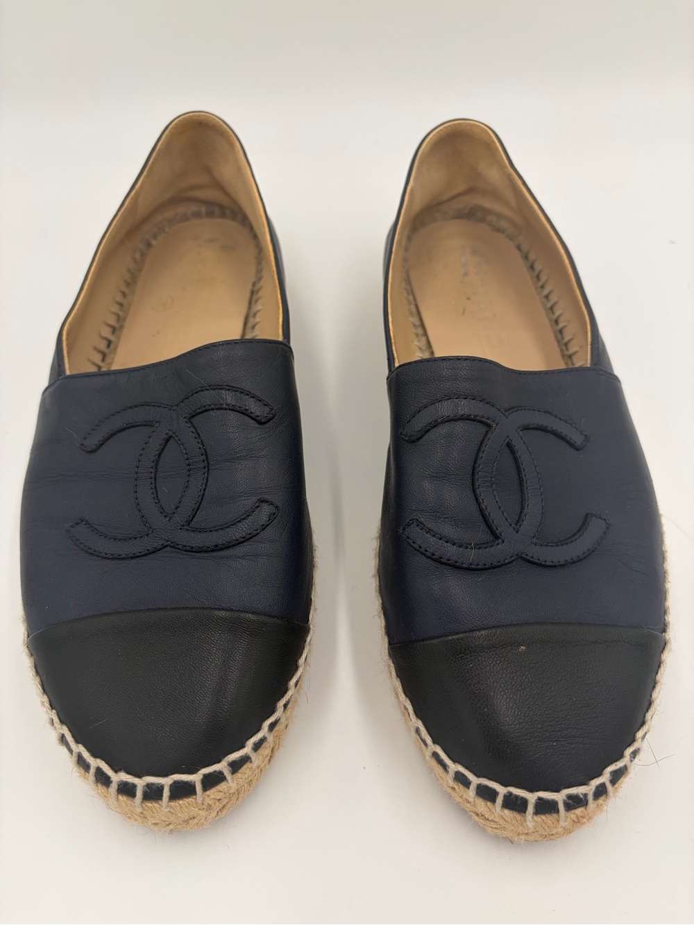 CHANEL Navy and Black  Leather Espadrille Loafer with Large CC Logo size 37/6.5